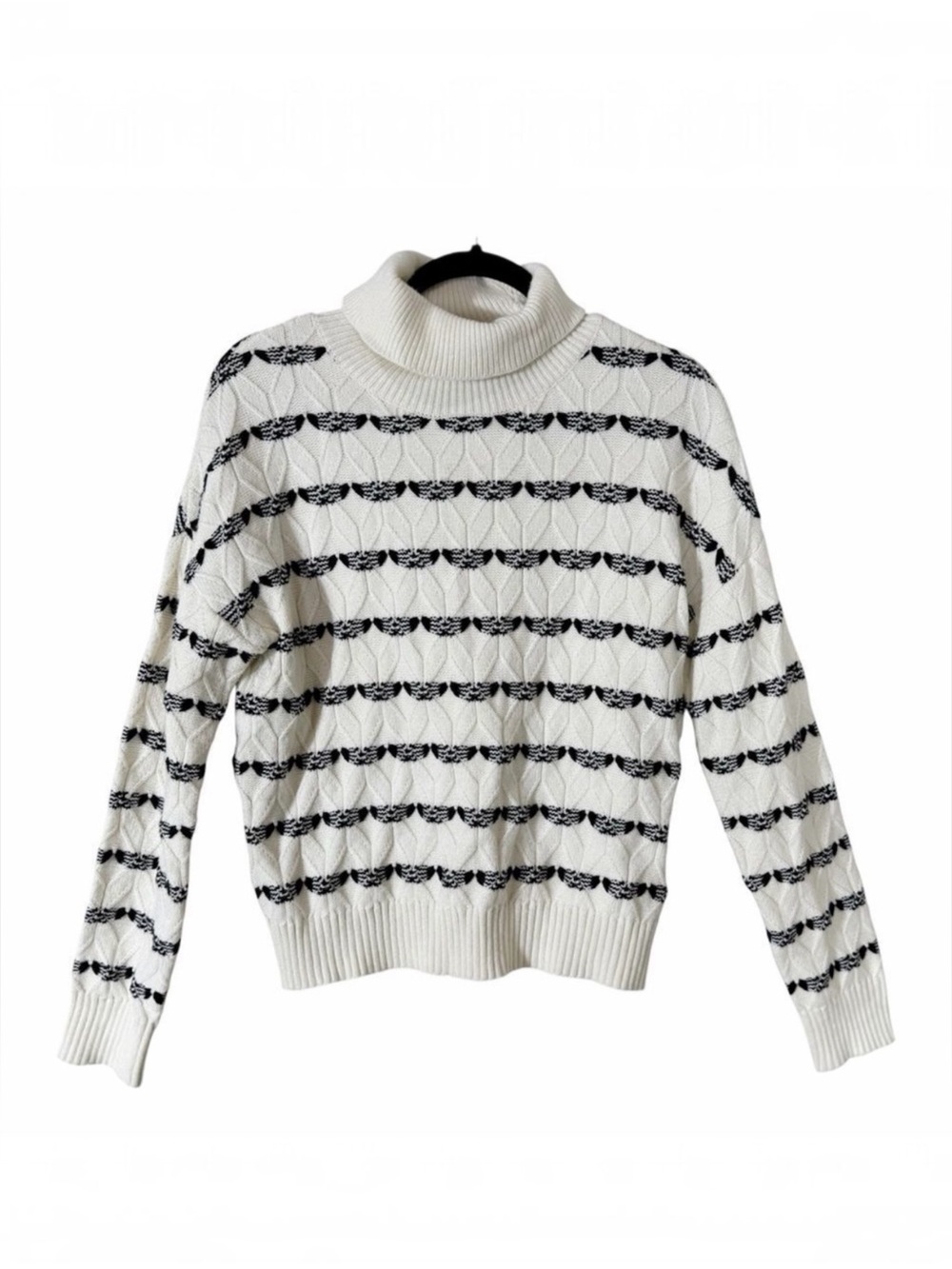 Joie Alpine Striped Cable Knit Turtleneck Cream Black‎ Cozy Sweater Size Medium